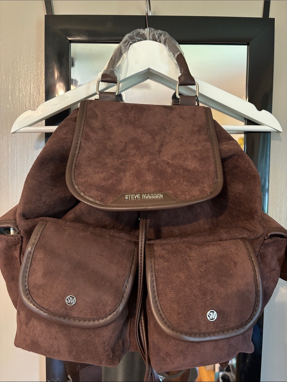 Steve Madden Chocolate Brown Faux-Suede Drawstring Backpack Purse
